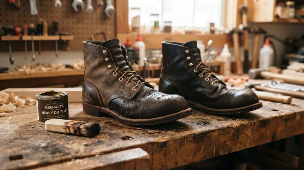 Pair of waterproof leather work boots on a workbench in a workshop.