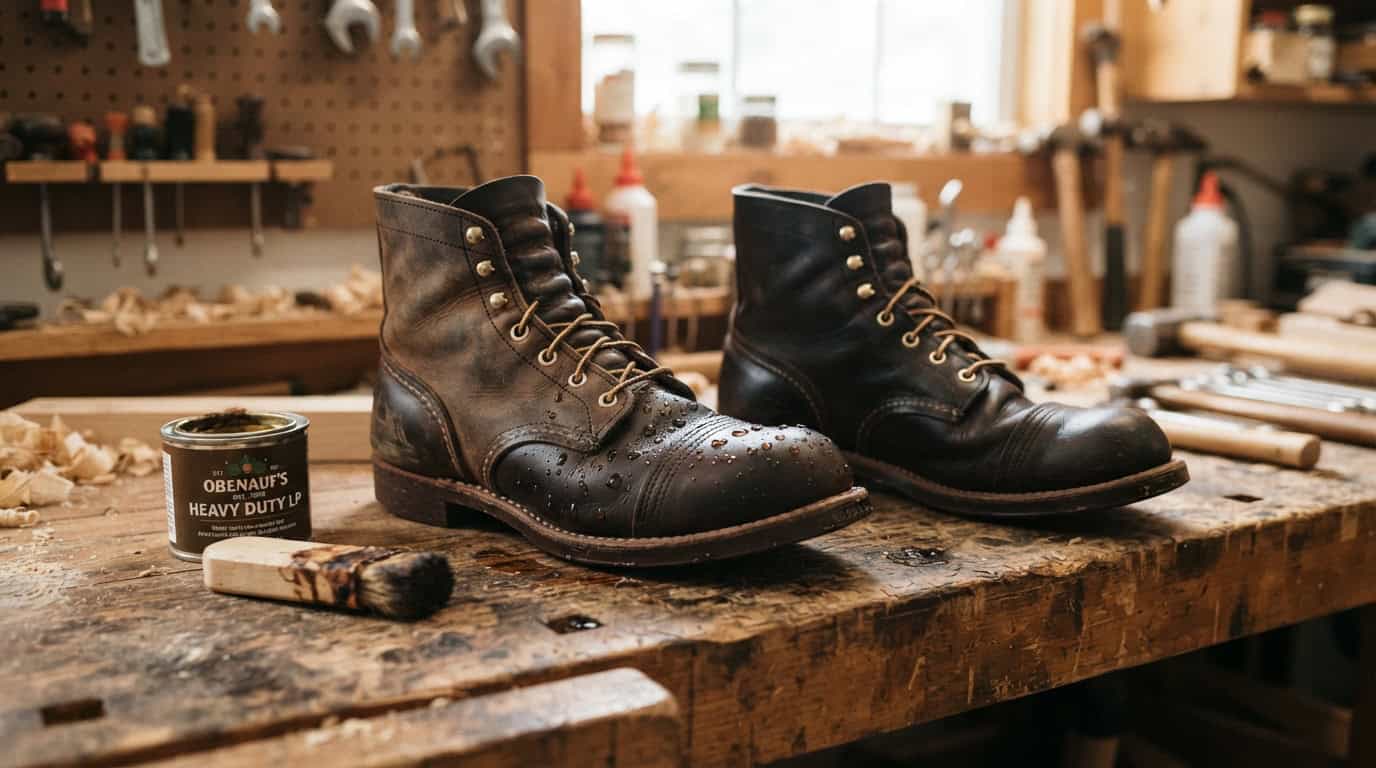 Pair of waterproof leather work boots on a workbench in a workshop.