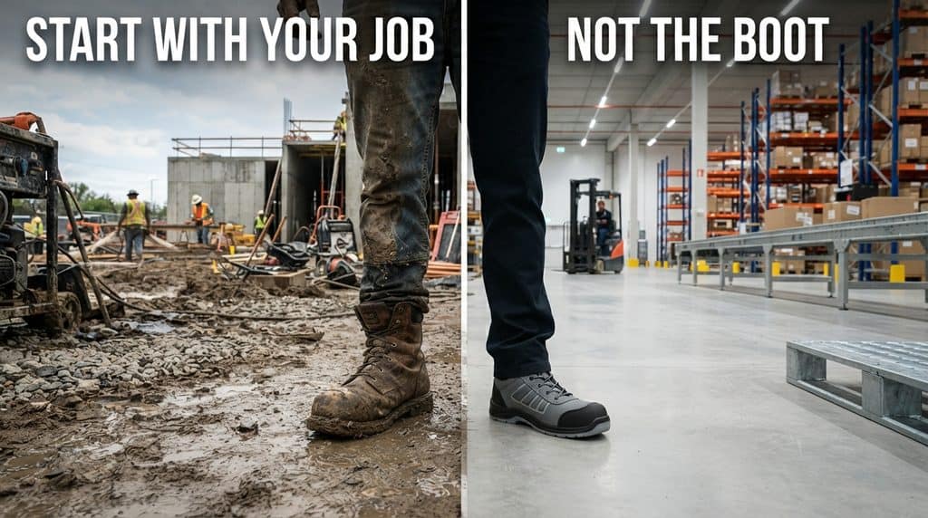 Comparison of work boots: muddy outdoor boots vs. clean indoor boots.