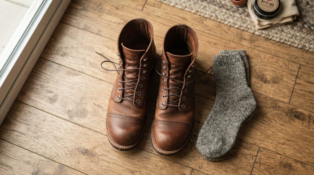 Pair of brown leather work boots and a gray sock on wooden floor.