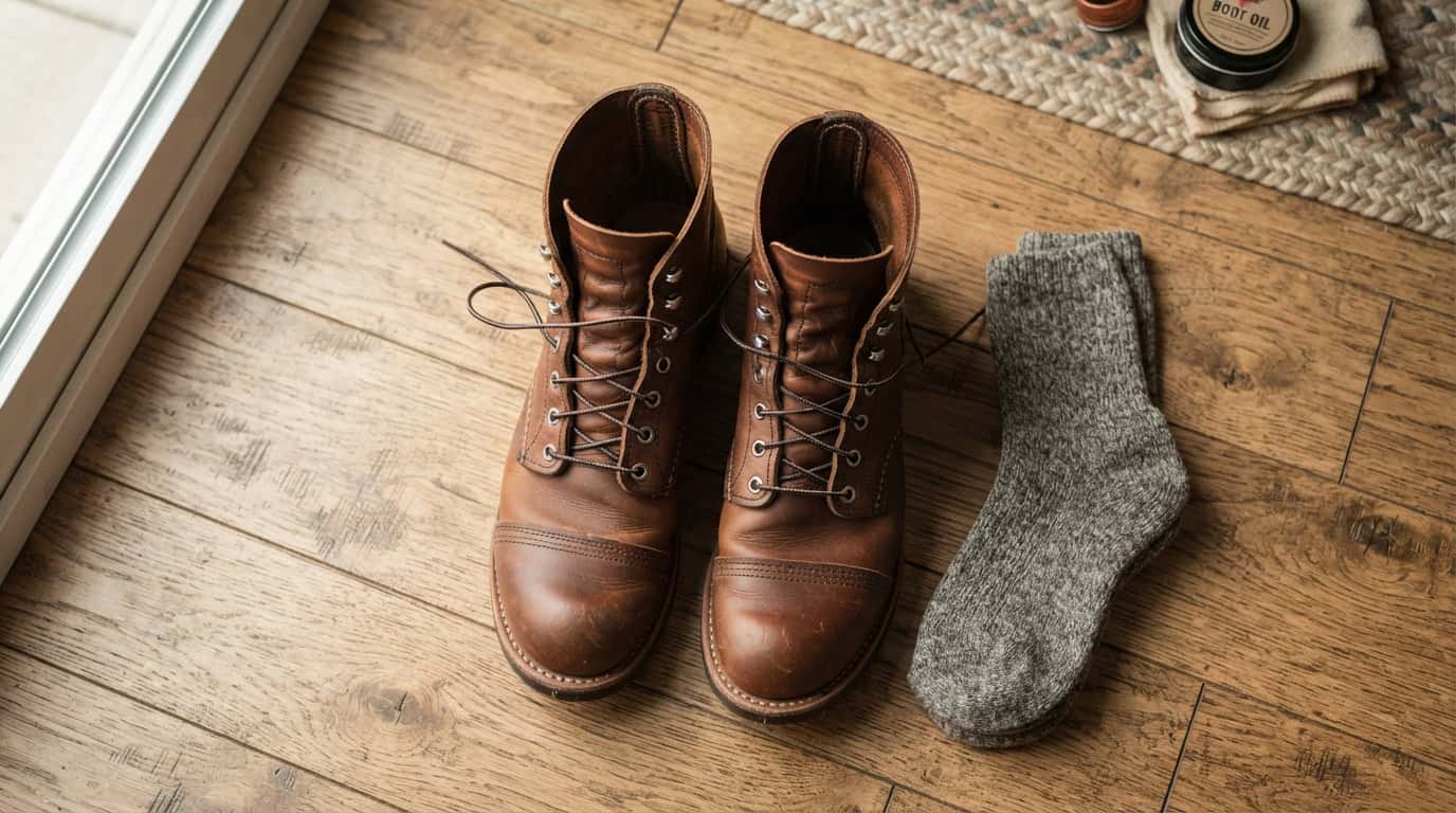 Pair of brown leather work boots and a gray sock on wooden floor.