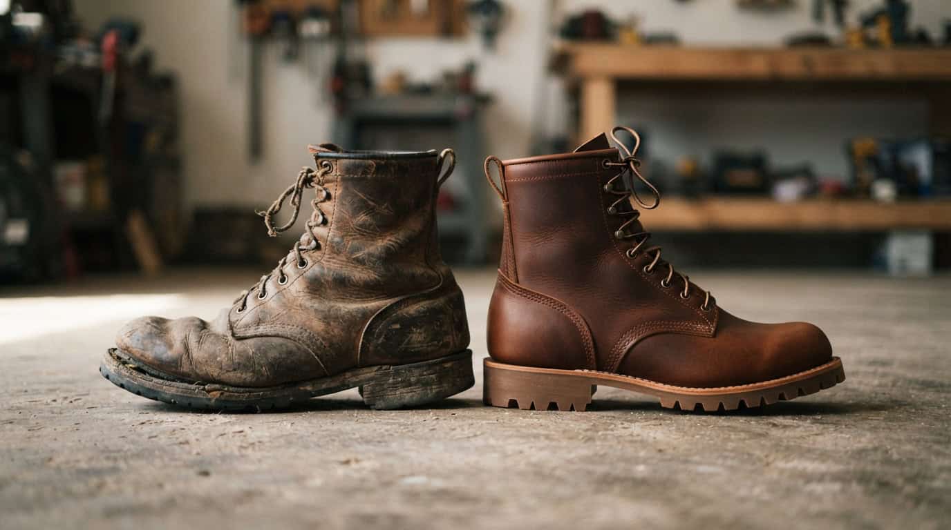 Comparison of worn-out and new work boots for durability and comfort.