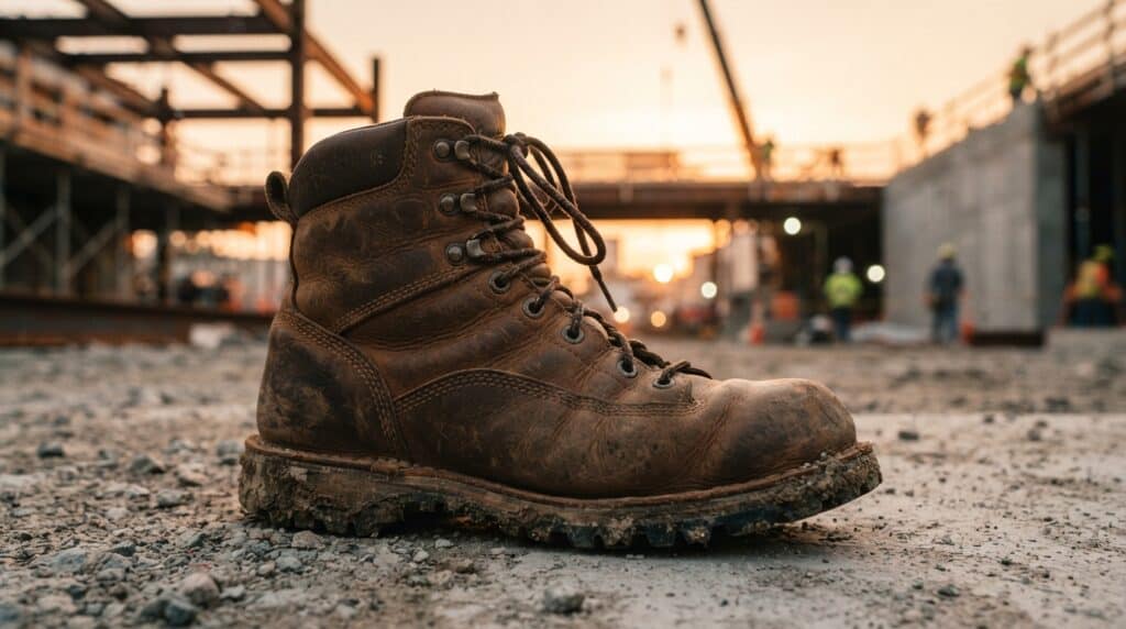Heavy-duty work boot on construction site with sunset background.
