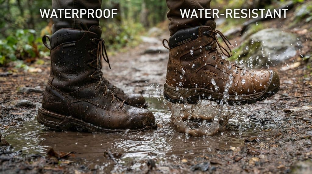 Waterproof and water-resistant work boots in outdoor setting.