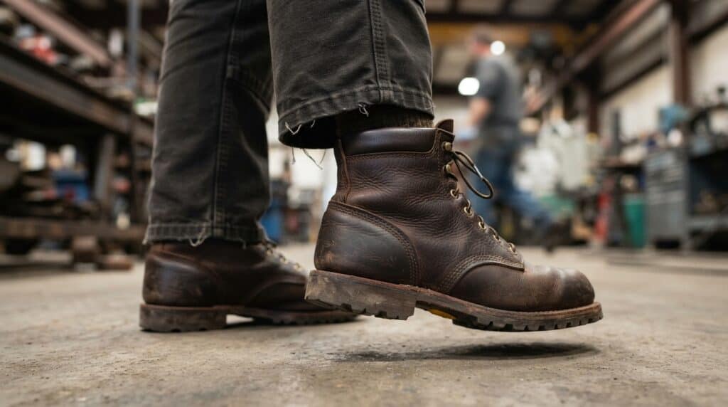 Close-up of sturdy work boots on a factory floor.