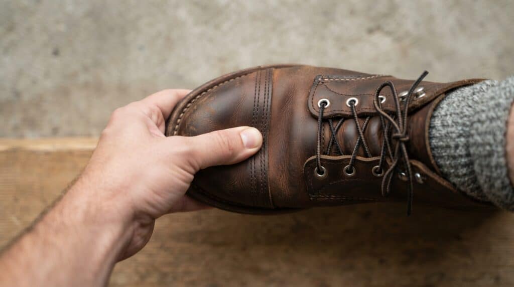 Close-up of a person fitting a brown leather work boot on their foot.