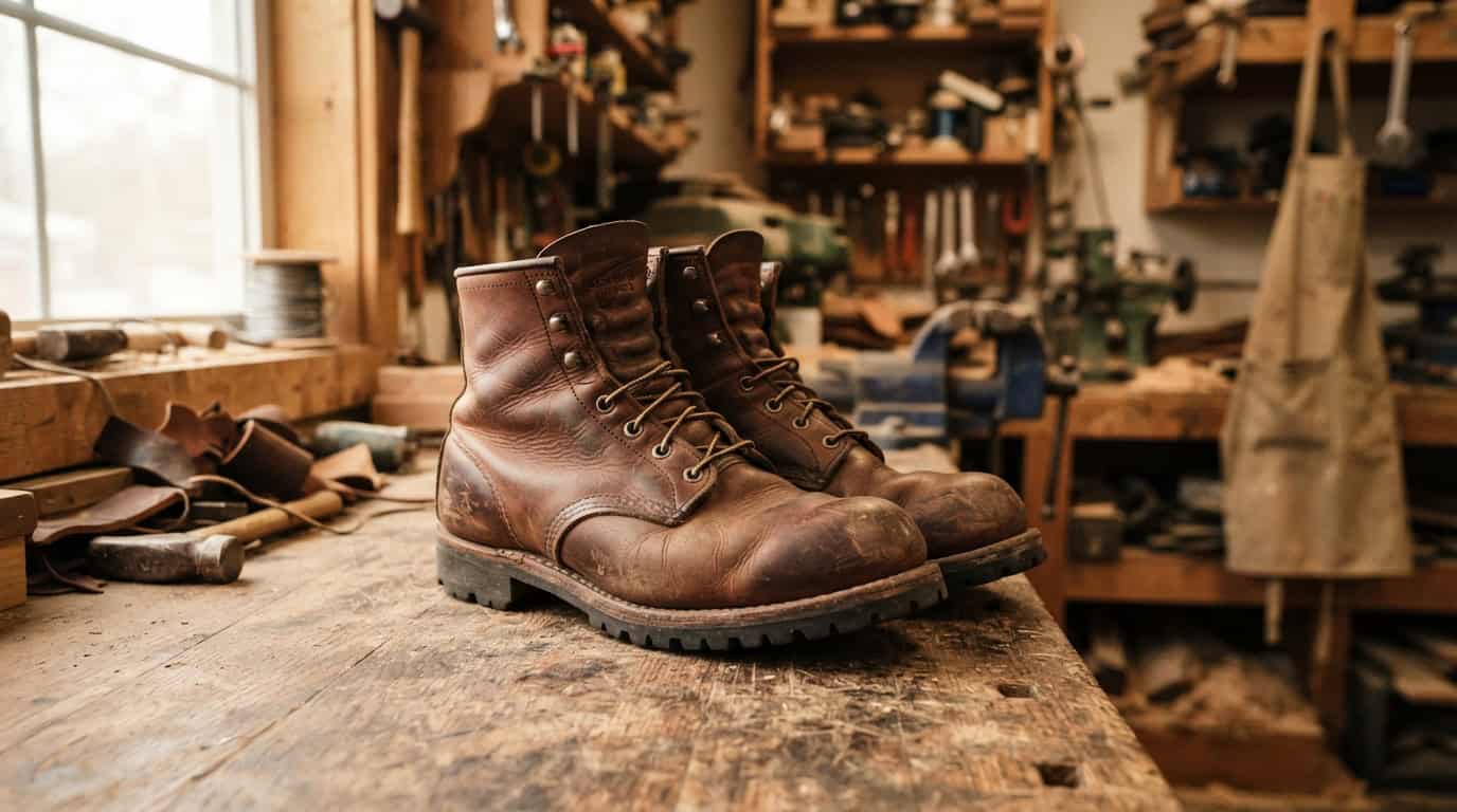 Pair of brown leather work boots on a woodworking bench.