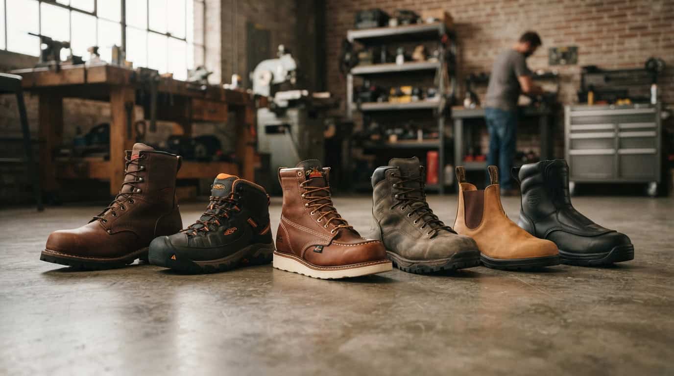 Variety of durable work boots displayed in a workshop setting.